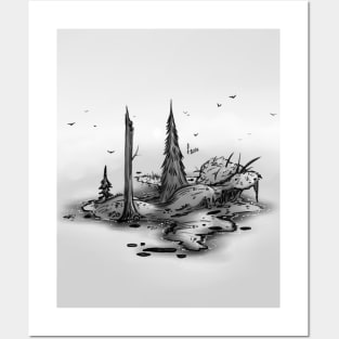 Overgrown island in the mist in the middle of the water Posters and Art